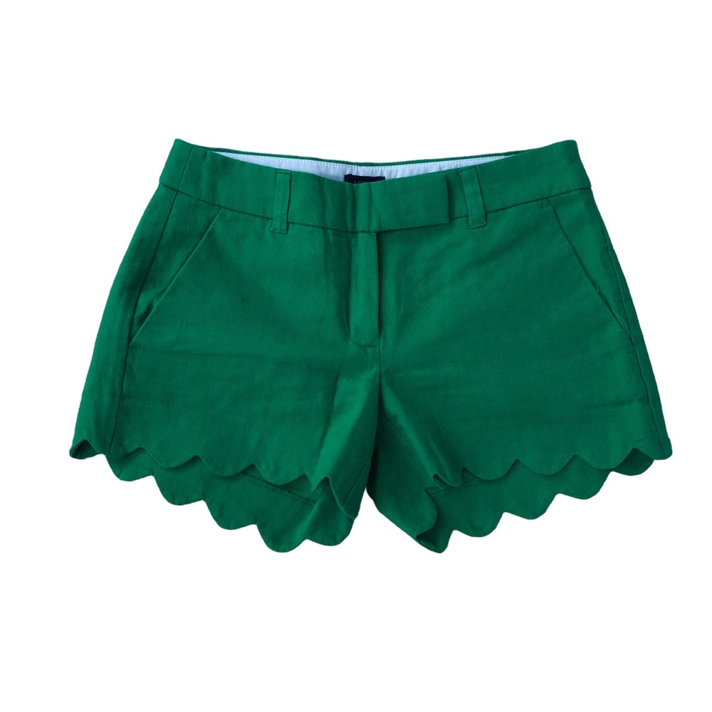 J Crew Factory Bright Grass Green Scallop Hem Preppy Shorts Linen Cotton Blogger